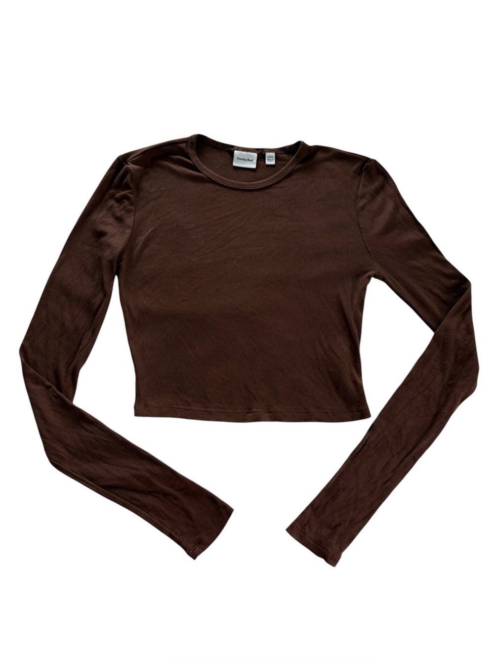 Aritzia Sunday Best Bliss Cropped Chocolate Brown Ribbed Long Sleeve 2XS